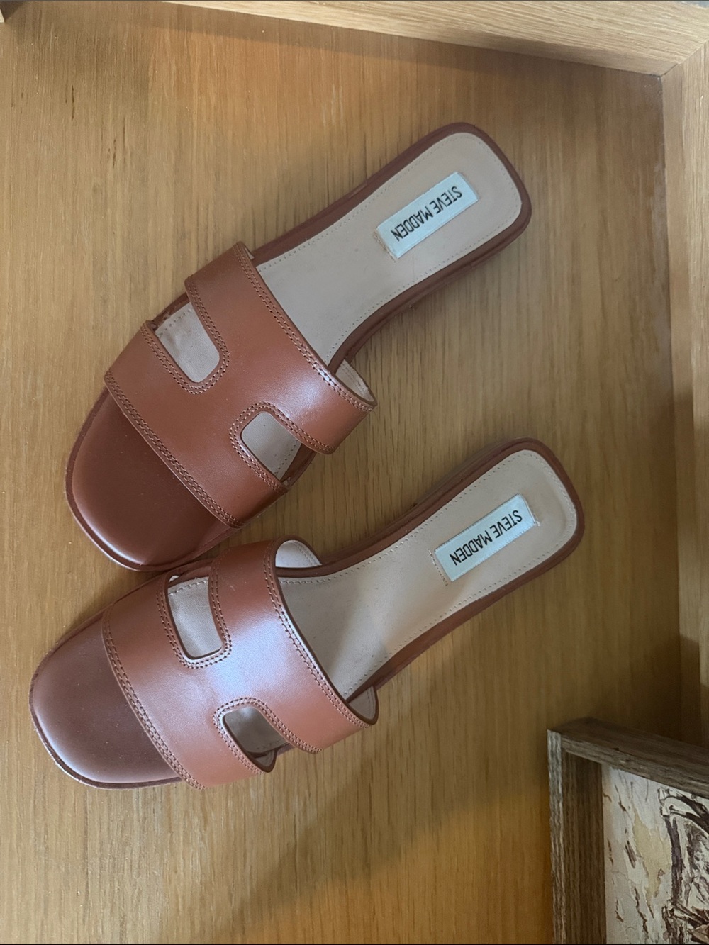 Steve Madden Tan Brown Leather Slide Mules
